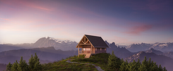Hüttenhaus in A-Form auf einem Berg mit felsigen Gipfeln. 3D-Rendering-Haus. Aerial Nature Landschaftshintergrund aus British Columbia, Kanada. Sonnenuntergang-Dämmerungs-Himmel-Grafik