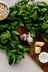 Photo of a fresh healthy ingridients like green basil, fresh garlic, roast nut, parmegiano cheese to make homemade pesto sauce on a wooden desk indoors daylight