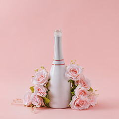 White bottle of champagne with roses over a pink background