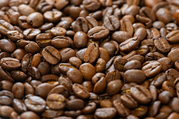 Aromatic roasted coffee beans close-up. Soft selective focus.