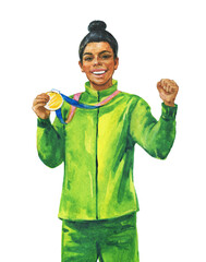 Watercolor woman athlete, winner concept. Hand drawn portrait of young hispanic lady in green sport suit holding a gold medal. Painting realistic illustration on white background. - 487823810
