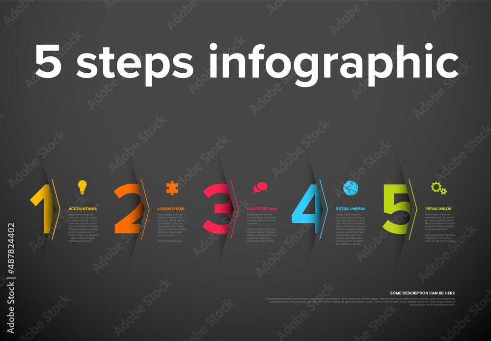 Poster vector five steps progress template with big arrows and numbers - dark version