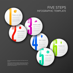 Six white circle steps process infographic on dark background