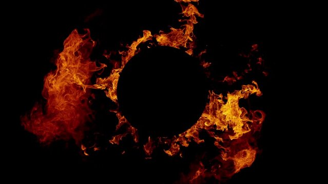 Super slow motion of fire circle isolated on black background. Filmed on high speed cinema camera, 1000 fps