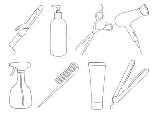 One line hand drawn hair stylist set. Curling hair, scissors, hair dryer, tube, hair comb. Vector illustration isolated on white background. 