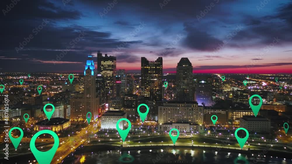 Poster pop up in markers displaying poi on a illuminated city background - 3d render
