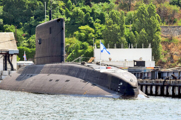 Sevastopol Bay. Submarine moored in a quiet bay