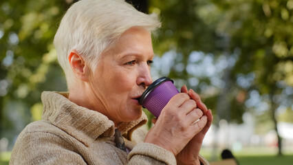 Wrinkled face of 60s happy elderly woman outdoors in park looking aside having wide smile, dental implants and prostheses satisfied client portrait, insurance for older people, natural beauty concept