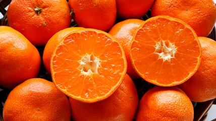 close up of a halves ripe clementine oranges set on whole orange fruit in wood basket background. Orange cut in half slice or clipping path. top view
