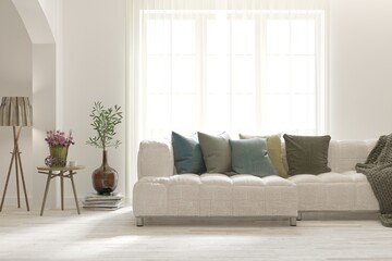 White living room with sofa. Scandinavian interior design. 3D illustration