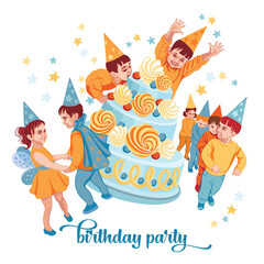 Children's birthday, a boy in a cap bites a cake, the boy rejoices with his hands up, the children dance, rejoice. Poster for organizers of children's parties, birthday party invitations.