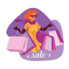 A fashionable young girl in glasses made a shopping trip, she walks with packages in her hands. Emblem for sales of fashion boutiques. Sale banner.