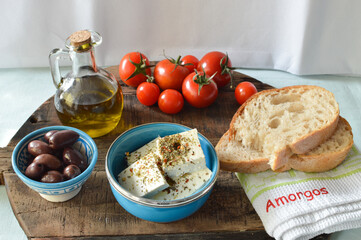 Fresh ingredients from Amorgos, Cyclades, Greek healthy food, feta cheese with herbs