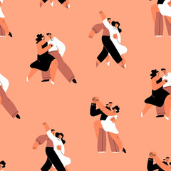 Couples hugging and Dancing. Cartoon characters. Abstract people with small heads in dance movement. Dating, love, relationship, flirting, fun, passion concept. Hand drawn Vector seamless Pattern