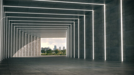 A long corridor with the light glow with the park in the evening background.3d rendering.