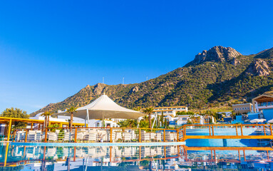 Resorts and beaches with sun loungers and umbrellas Kos Greece.