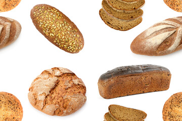 Seamless pattern fresh loaves bread isolated on white