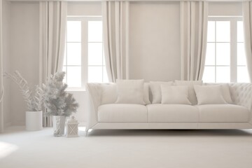 Mock up of minimalist living room in white color with sofa. Scandinavian interior design. 3D illustration
