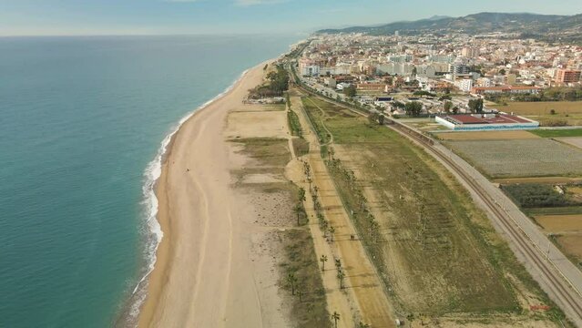 Aerial drone view of Pineda de Mar and Malgrat de Mar beach in Barcelona Spain Costa del Maresme