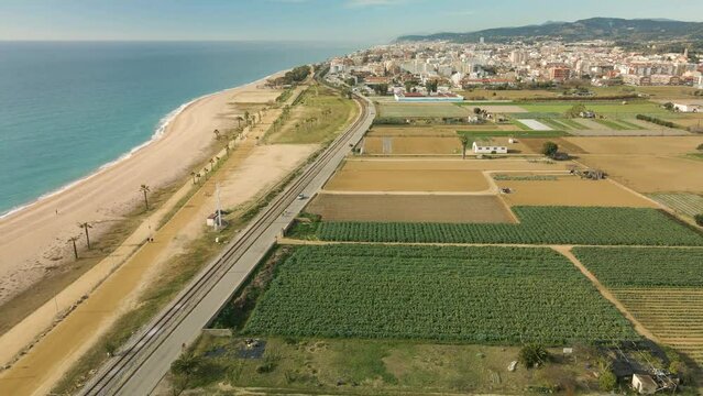 Aerial drone view of Pineda de Mar and Malgrat de Mar beach in Barcelona Spain Costa del Maresme
