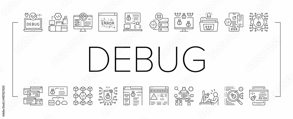 Poster debug research and fix collection icons set vector .