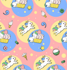 Fototapeta premium Seamless vector pattern with cute unicorns on vibrant background. Perfect for textile, wallpaper or print design.