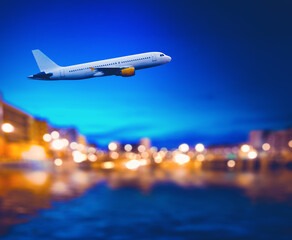 Fototapeta na wymiar Avión de pasajeros en vuelo sobre la ciudad. Concepto de viaje y paisaje de atardecer.