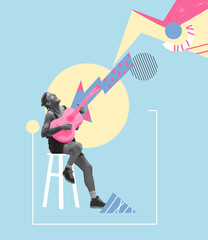 Happy performer playing guitar on blue color background with geometric pattern. Modern design....