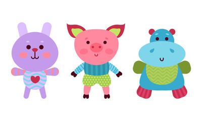 Fluffy Toy Sewn from Textile and Stuffed with Flexible Material for Kids Vector Set