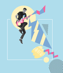Stylish performer playing guitar on blue color background with geometric pattern. Modern design....