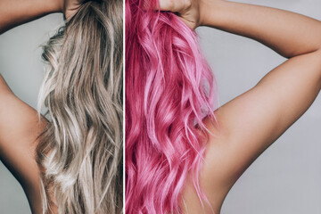 Close-up of the wavy hair of a young blonde woman before and after hair coloring in pink isolated...
