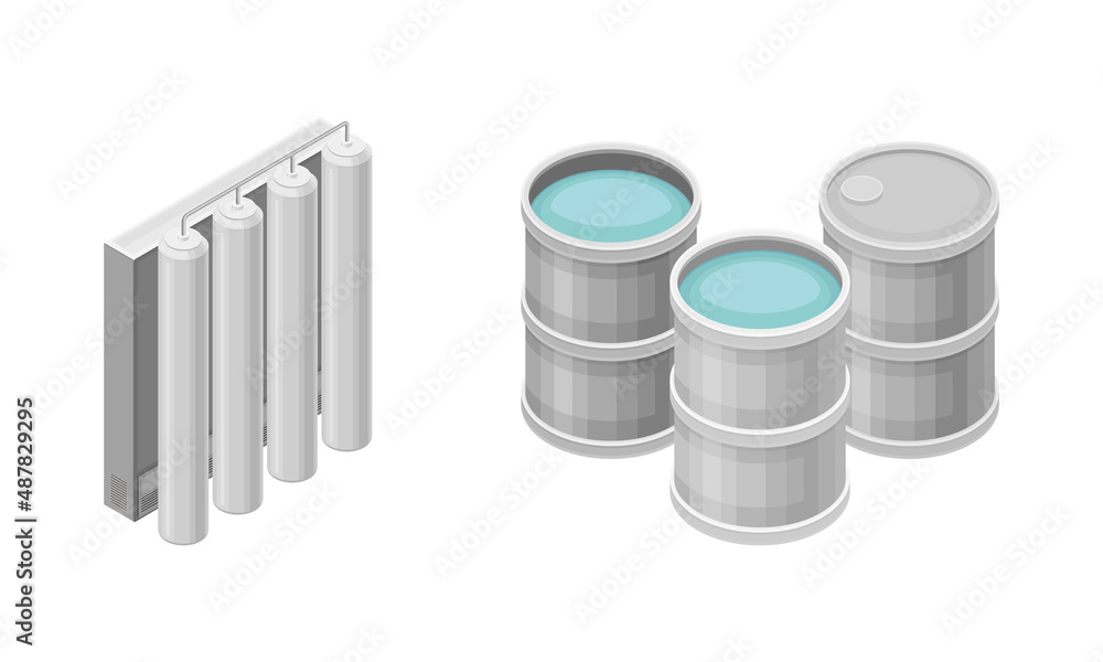 Wall mural Water Poured in Cylindrical Metal Tanks for Storage Isometric Vector Illustration Set