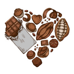 Heart design with colored cocoa beans, cocoa, chocolate, chocolate candies