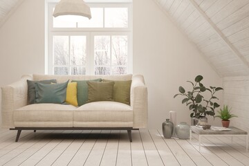 White living room with sofa and winter landscape in window. Scandinavian interior design. 3D illustration
