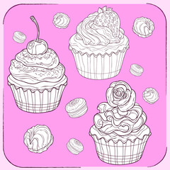 A set of ready-made cupcakes and pastries for coloring