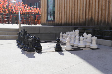 a shot of a large black and white chess set on the sidewalk surrounded by lush green plants, bare...