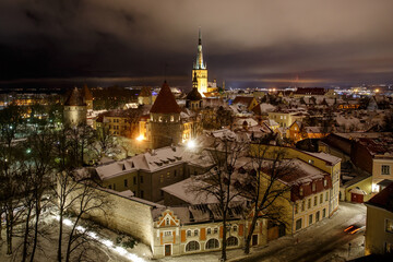 Tallinn old town at night. Capital of Estonia winter panorama.