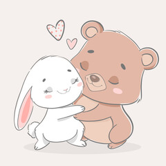 Vector illustration of valentine's day. Animals hug. Bunny and bear.