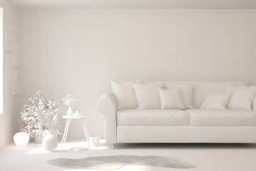 White minimalist living room with sofa. Scandinavian interior design. 3D illustration