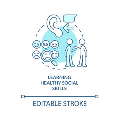 Learning healthy social skills turquoise concept icon. Social competence development abstract idea thin line illustration. Isolated outline drawing. Editable stroke. Arial, Myriad Pro-Bold fonts used