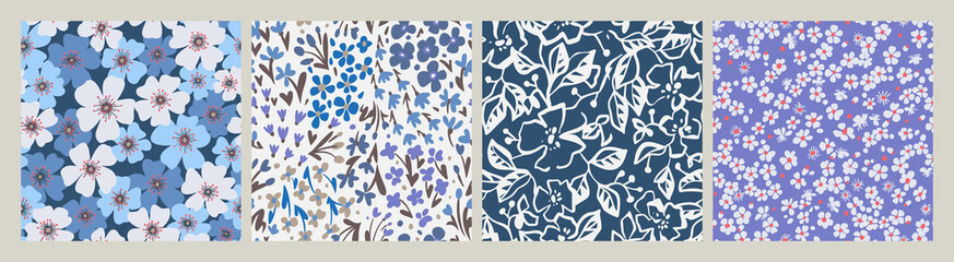 Ditsy liberty style seamless patterns. Set of summer daisy flowers in white and blue. Simple flat modern drawing. Floral texture collection for textile and fashion design. Spring botanical print.