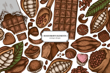 Colored elements design with cocoa beans, cocoa, chocolate, chocolate candies