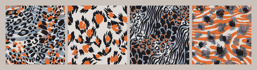 Seamless animal skin fashion patterns. Spotted and striped abstract geometric backgrounds. Set of decorative leopard, tiger and zebra fur textures. Luxury trendy textile print swatches.