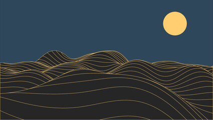 Golden mountain line arts landscape and full moon, luxury background design. Vector illustration.