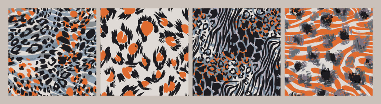 Seamless animal skin fashion patterns. Spotted and striped abstract geometric backgrounds. Set of decorative leopard, tiger and zebra fur textures. Luxury trendy textile print swatches.