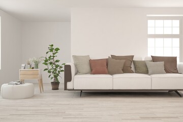 White living room with sofa. Scandinavian interior design. 3D illustration