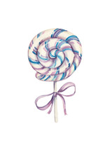 Watercolor lollipop. Round Spiral Candy Lollipop illustration.Watercolor pastry. Watercolor food illustration. Watercolor confectionery. Love and sweets. Blue lollipop candy . Sweet candy card