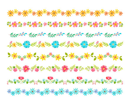 Colorful decorative floral borders. Spring flower text dividers. Perfect for frames design. Seamless border. Isolated borders on white background.