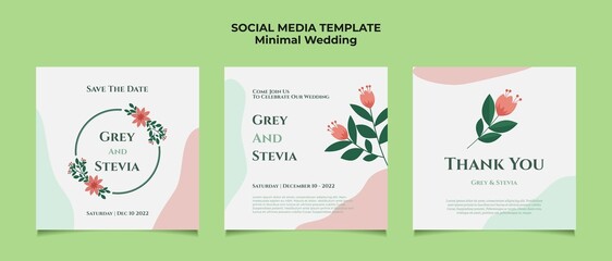 Minimal wedding invitation template for social media post with simple abstract background and flat vector floral ornament and soft pastel color