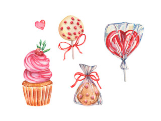 Sweet Lollipop and cupcake illustration.Watercolor Red Heart Candy Lollipop illustration.Watercolor pastry and confectionery. Love and Romantic design for cards, logo isolated on white background